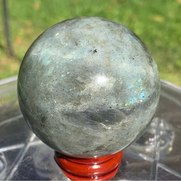 58.5MM 2.2” Madagascar Rainbow Labradorite Stone Sphere Crystal Ball Wood Stand - Picture 6 of 14